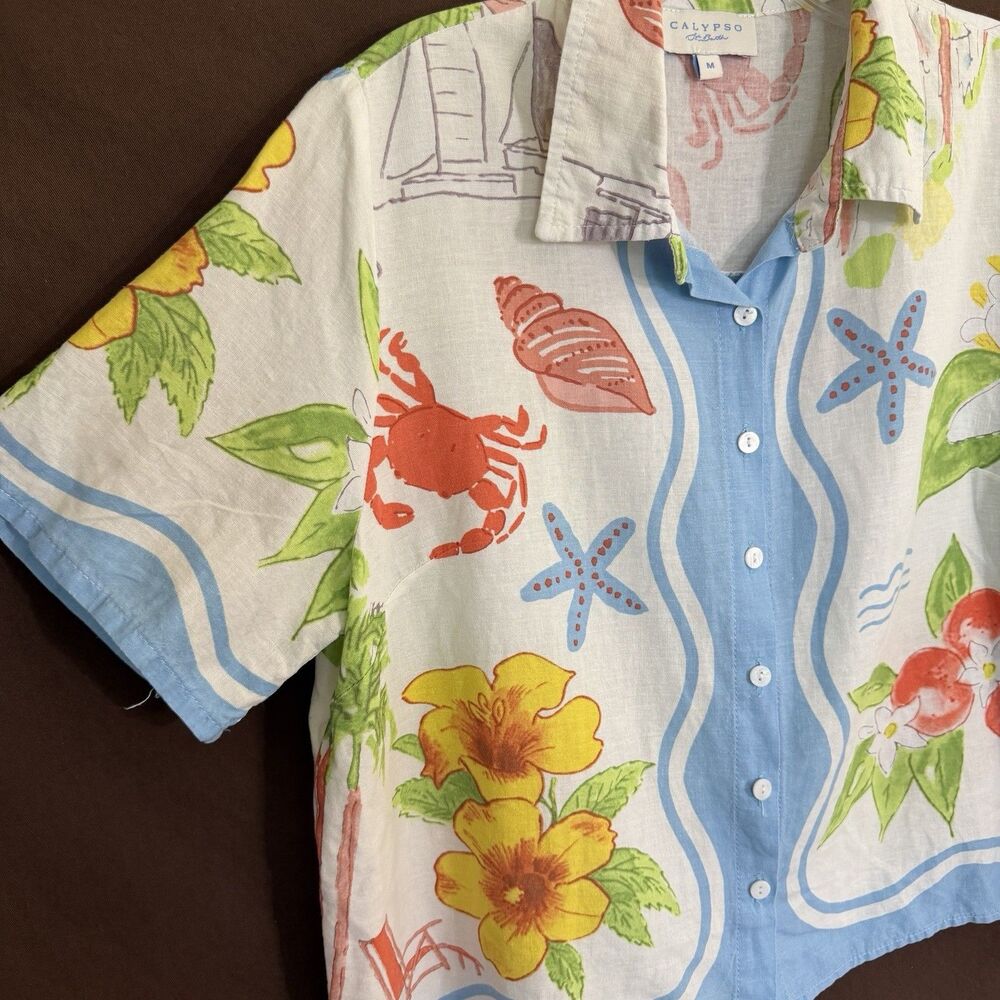 Calypso St. Barth Coastal Seashell Floral Beach Linen Blend Blouse Sz M Top - Picture 3 of 6
